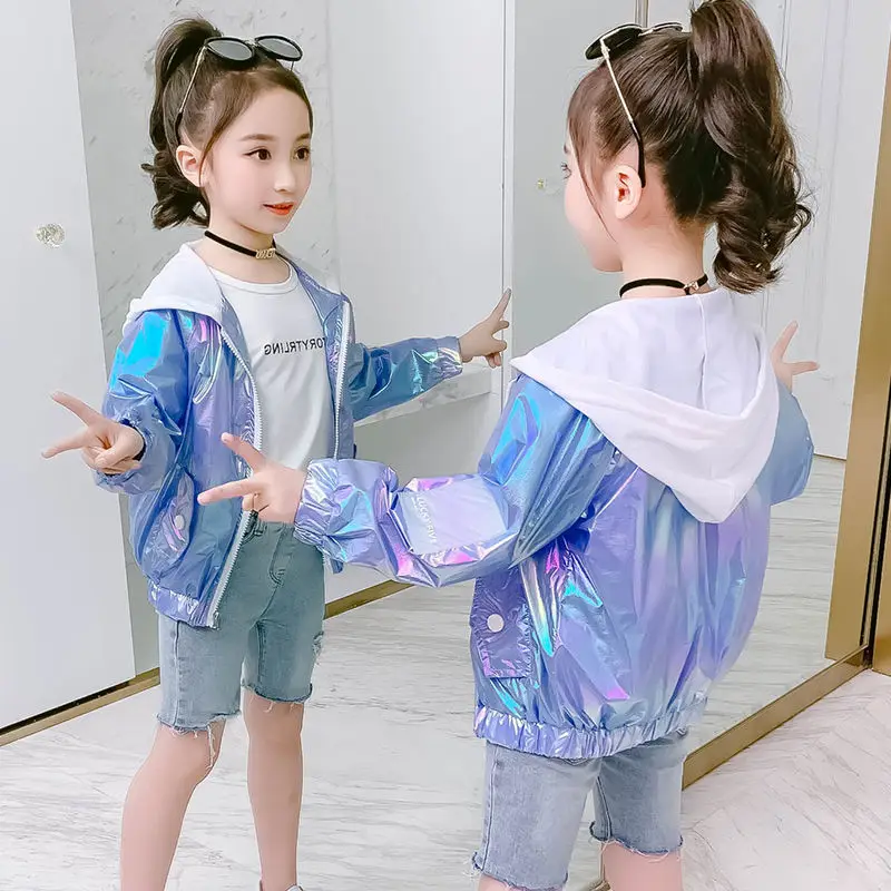 2024 Spring Autumn Teen Girls Jacket Windbreaker Fashion Shiny Letter Coat For Girls Hooded Outerwear Children Clothing 3-12 Yrs