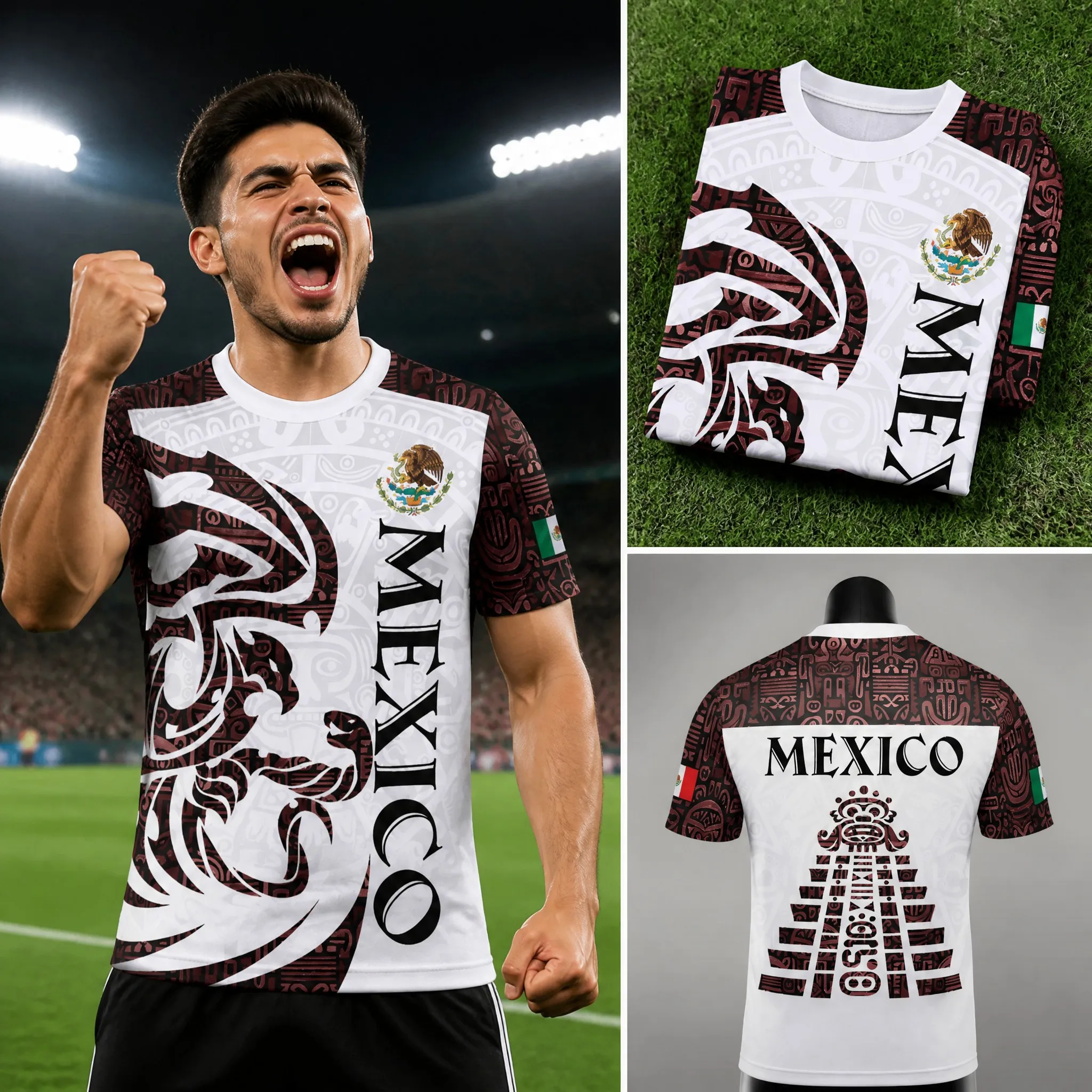 Mens Round Neck T Shirt Mexico Lion Mask Graphic Short Sleeve Casual Top with White Tribal Pattern and Temple Back Print for Men