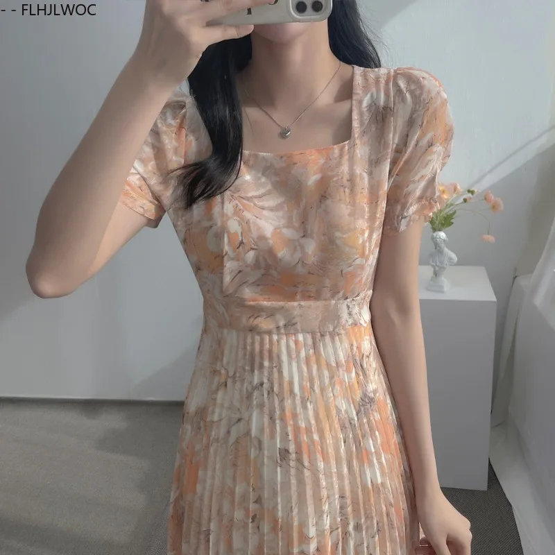 ชุดเดรสเก๋ๆเสื้อผ้าเกาหลีฤดูร้อนสตรีแขนสั้นคอสี่เหลี่ยมสาวญี่ปุ่นน่ารักลายดอกไม้พิมพ์ Retro Vintage วันที่ชุดยาว