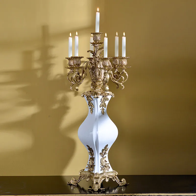 Palace style atmosphere 7-head ceramic brass candlestick, high-end villa club living room luxury handicraft ornament