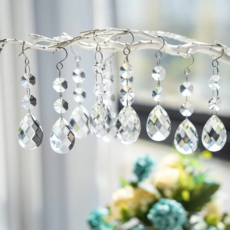 Clear Teardrop Crystal Hanging Suncatcher Prism Pendant with Hooks, Chandelier Replacement Beads for Christmas Home Window Decor