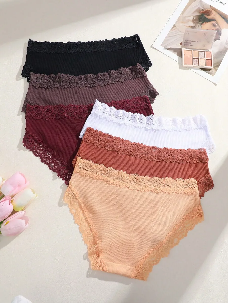 

6 Pcs Cotton Ribbed Lace Spliced Womens Briefs Comfortable Underwear