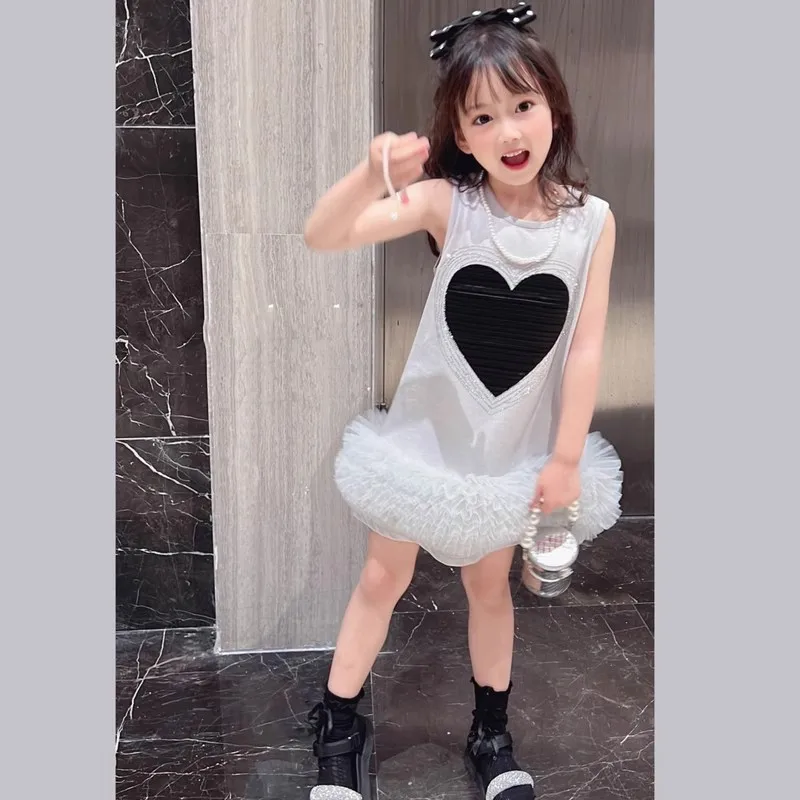 

Girl Skirt 2025 Summer New Childrens Clothing Korean Style Girls Baby Love Sleeveless Puffy Skirt Casual Simple Daily