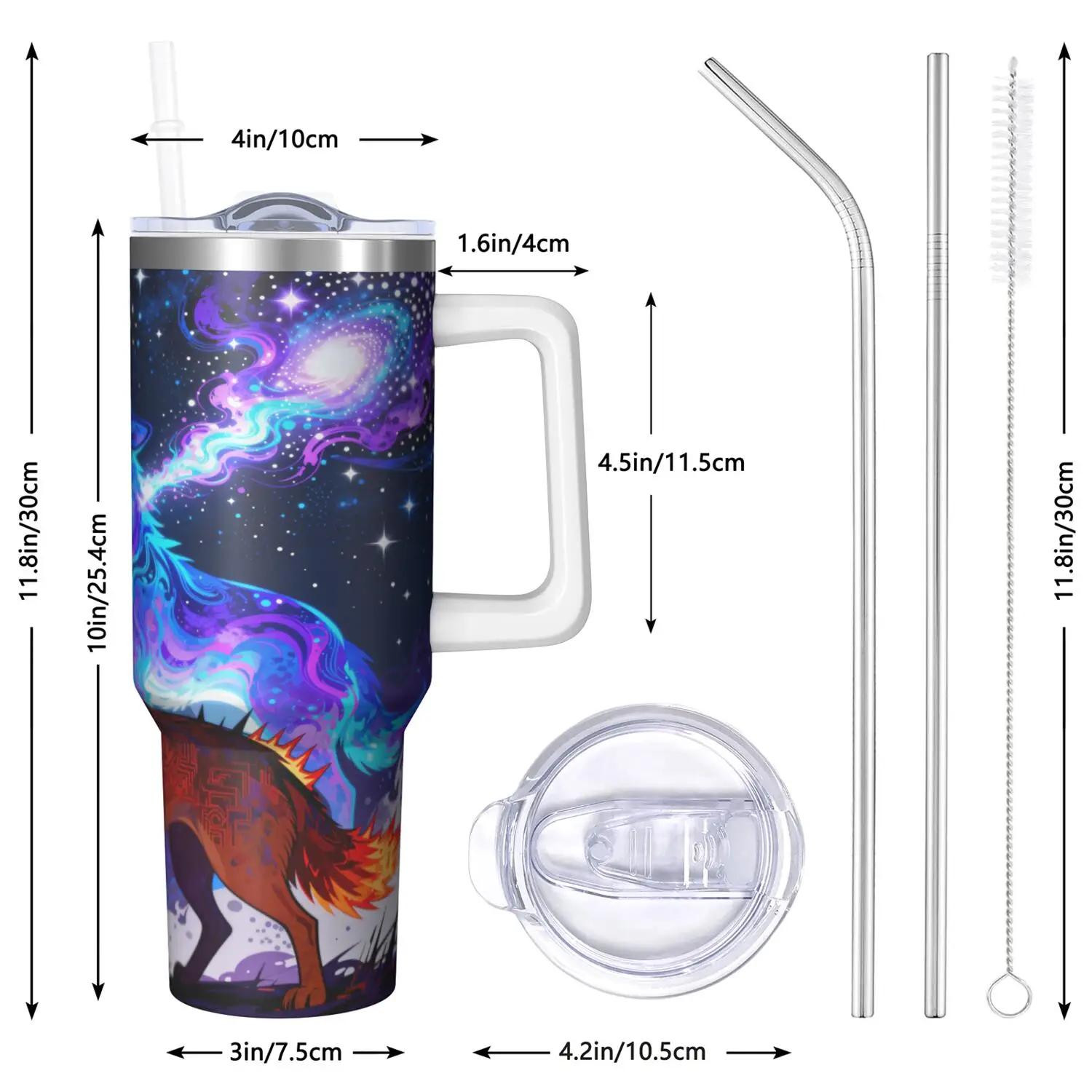 1ps Wolf Handle Cup Set with Straw, Maximum Capacity 40oz, Inner Layer 304 Stainless Steel, Outer Layer 201 Stainless Steel, Seamless Inner Liner, Lid Made of PC Material, Suitable for Home, Office, Outdoor, Sports, and Car Use