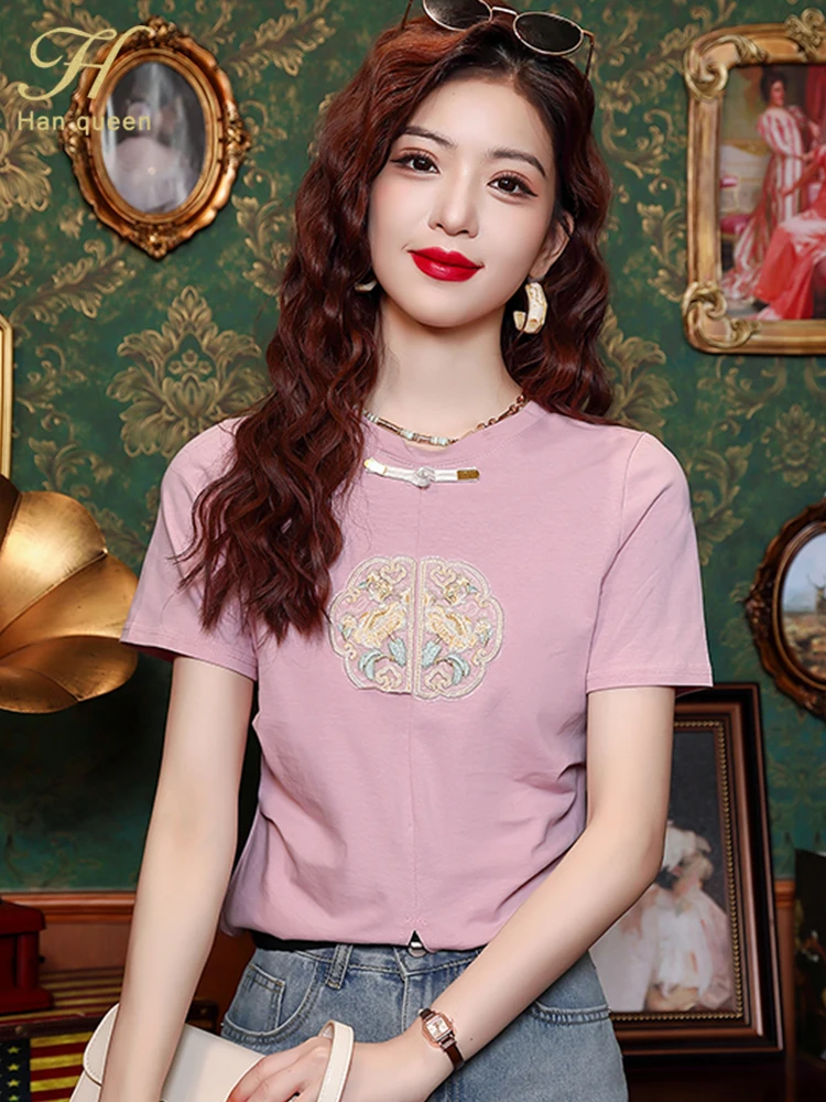 H Han Queen 2024 Summer Clothes Short Sleeve Office Vintage Tops Chic Korean Blouses Women Simple Basics Casual Vintage T-Shirts