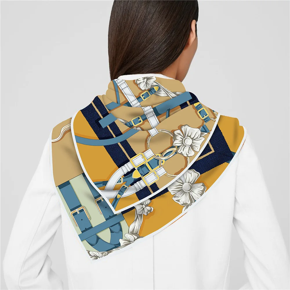 90cm New Design Belt Twill Silk Scarf Shawl Brand Square Scarf Women Design Hijab Luxury Bandana Neckerchief Head Scarf For Lady