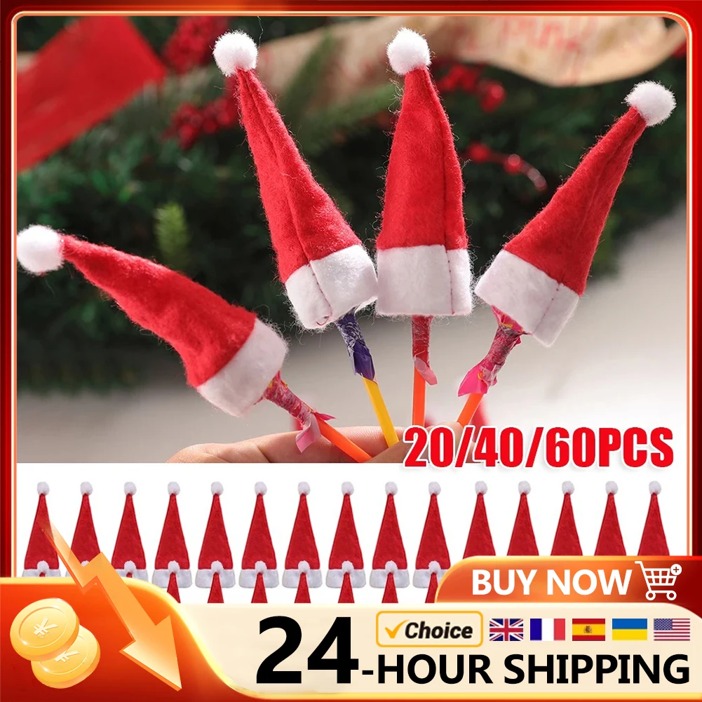 20/40/60Pcs Christmas Hats Mini Lollipop Santa Claus Hats Bottle Cap Christmas Decorations for Home Dinner Party Candy Holder