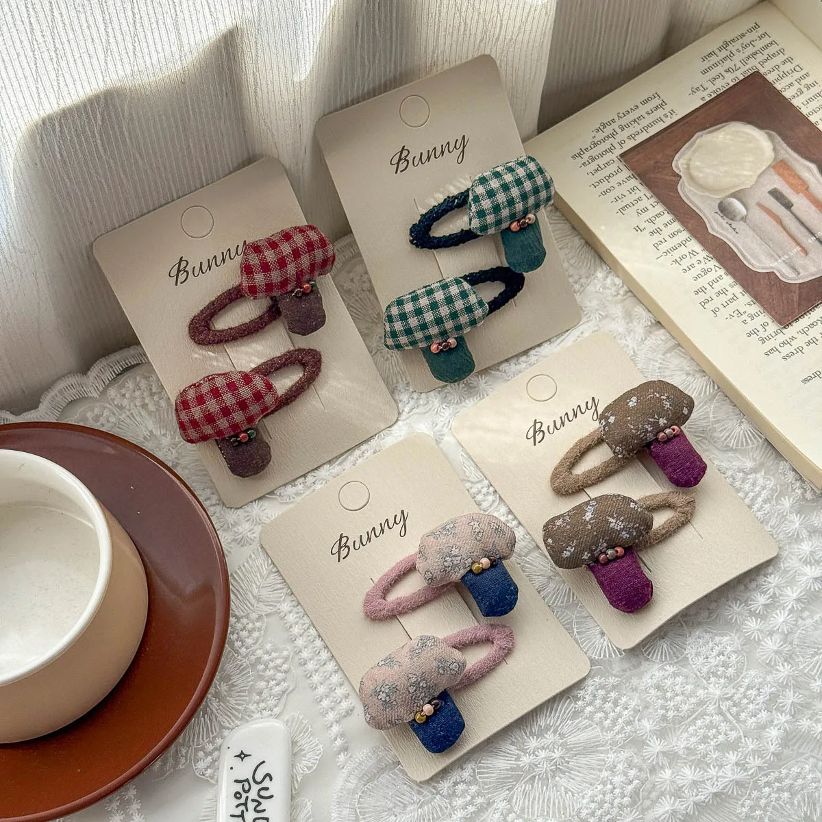 Hair Clips Forest Retro Floral Padded Mushroom Pattern Premium Soft Fabric Baby Hair Accessories No Hurt Hair for Forehead