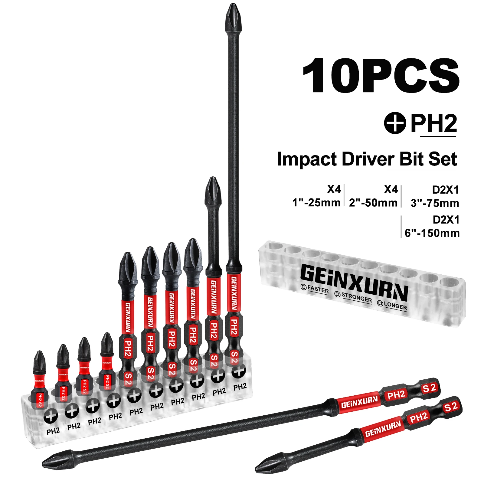 Zestaw bitów do wkrętarki o wysokim momencie obrotowym, stal S2, do przemysłu meblowego, PH2 D2-PH2, 10 sztuk/zestaw, 25mm/50mm/75mm, DIY OEM, dostępne w magazynie w USA.