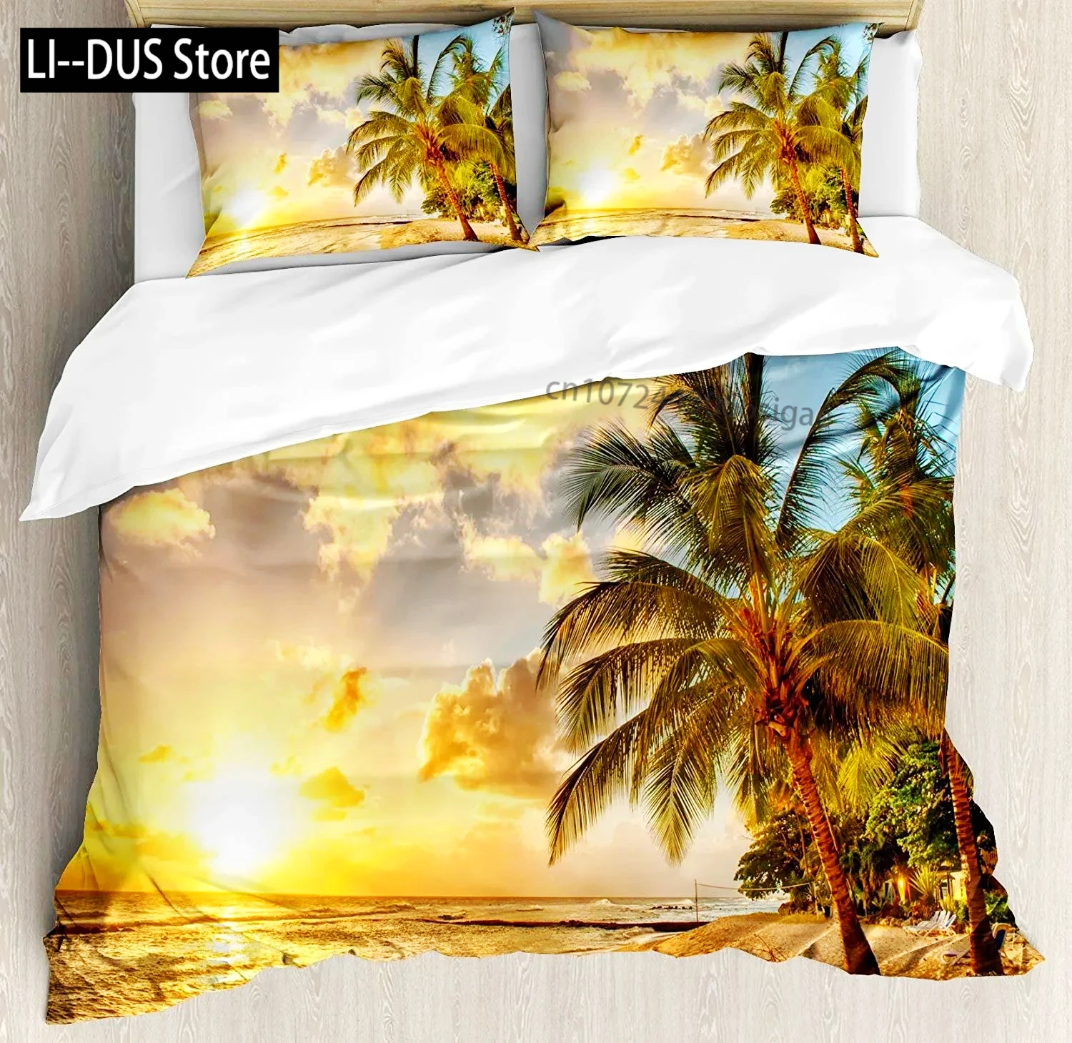 

3pcs Beach Bedding Set Tropic Sandy Beach With Horizon At The Sunset And Coconut Palm Trees Summer Photo Duvet Cover Pillowcase