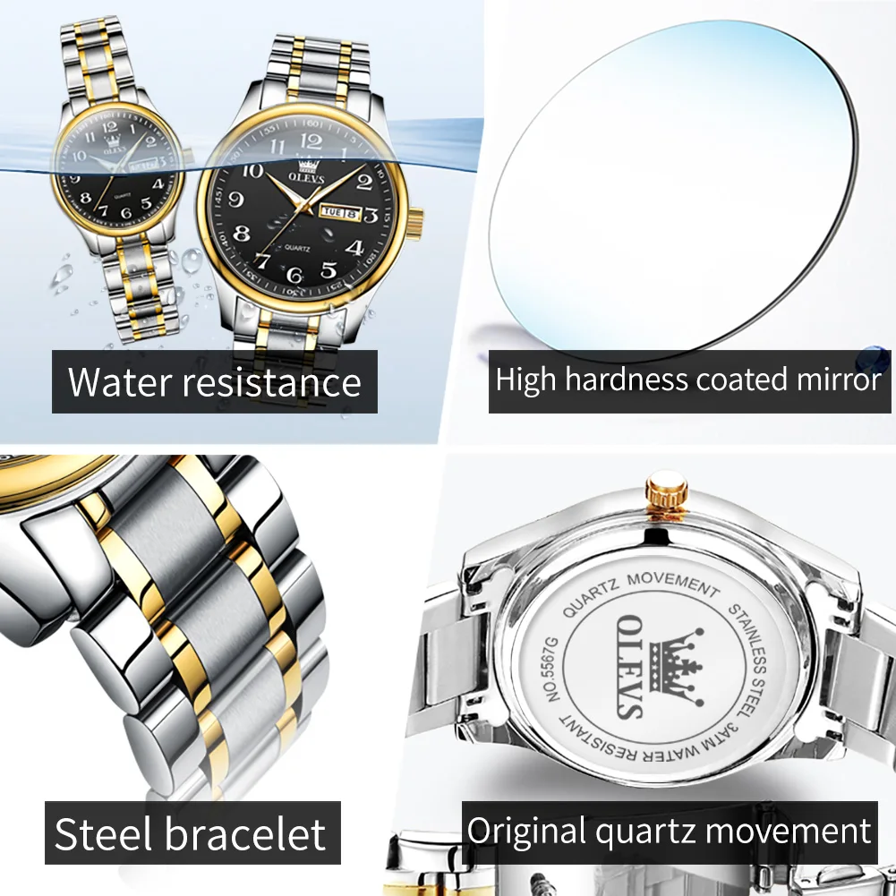 OLEVS 5567 Original Quartz Couple Watch Simple Classic Digital Dial Dual Calendar Business Lover's Wristwatch for Men Women Gift