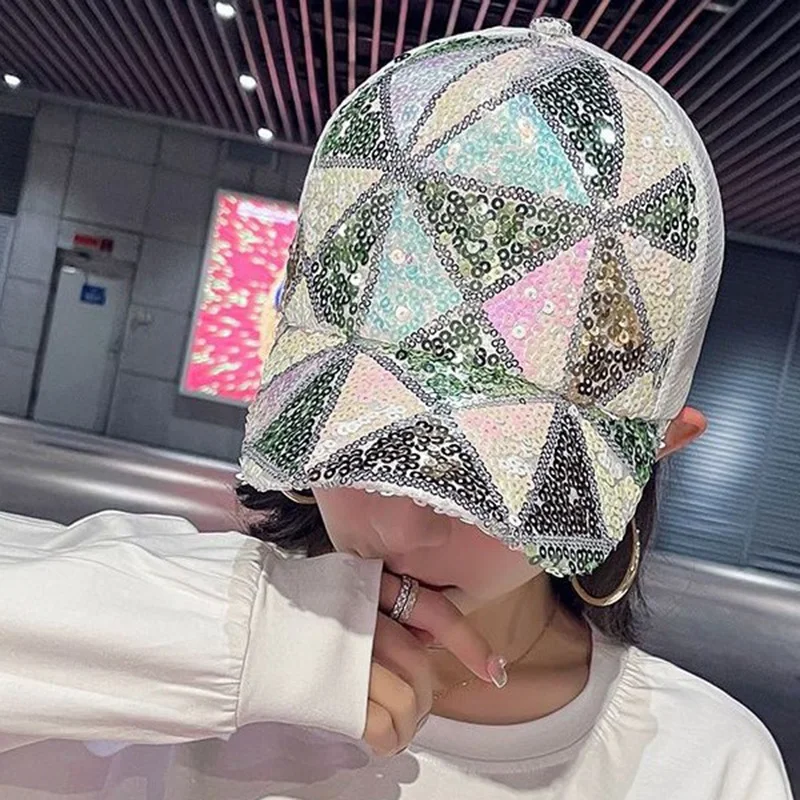 Women Iridescent Baseball Cap Geometric Sequin Streetwear Breathable Mesh Y2k Bling Colorful Patchwork Sequins Trucker Hat Party