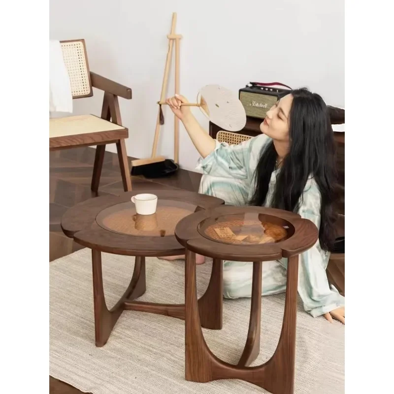 

For French retro solid wood glass water lily flower coffee table combination living room sofa side few round table walnut wabi