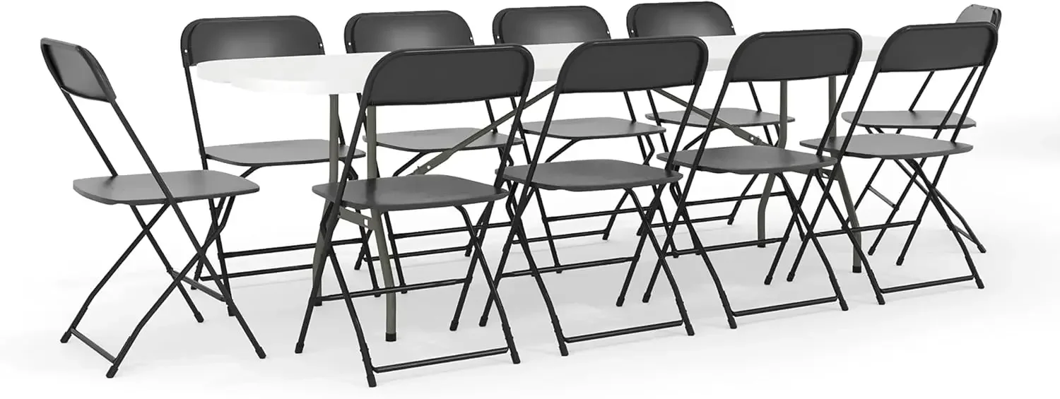 

8' Plastic Bi-Fold Training Table Set with 10 Folding Chairs, 11-Piece Rectangular Folding Training Table, White/Black