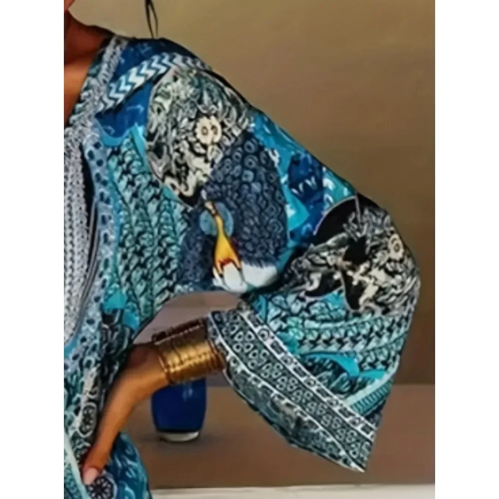 Sukienka damska plus size 1XL-5XL, długa, z długim rękawem, w etniczne wzory, jesienna, codzienna, z dekoltem w serek, idealna na imprezę.