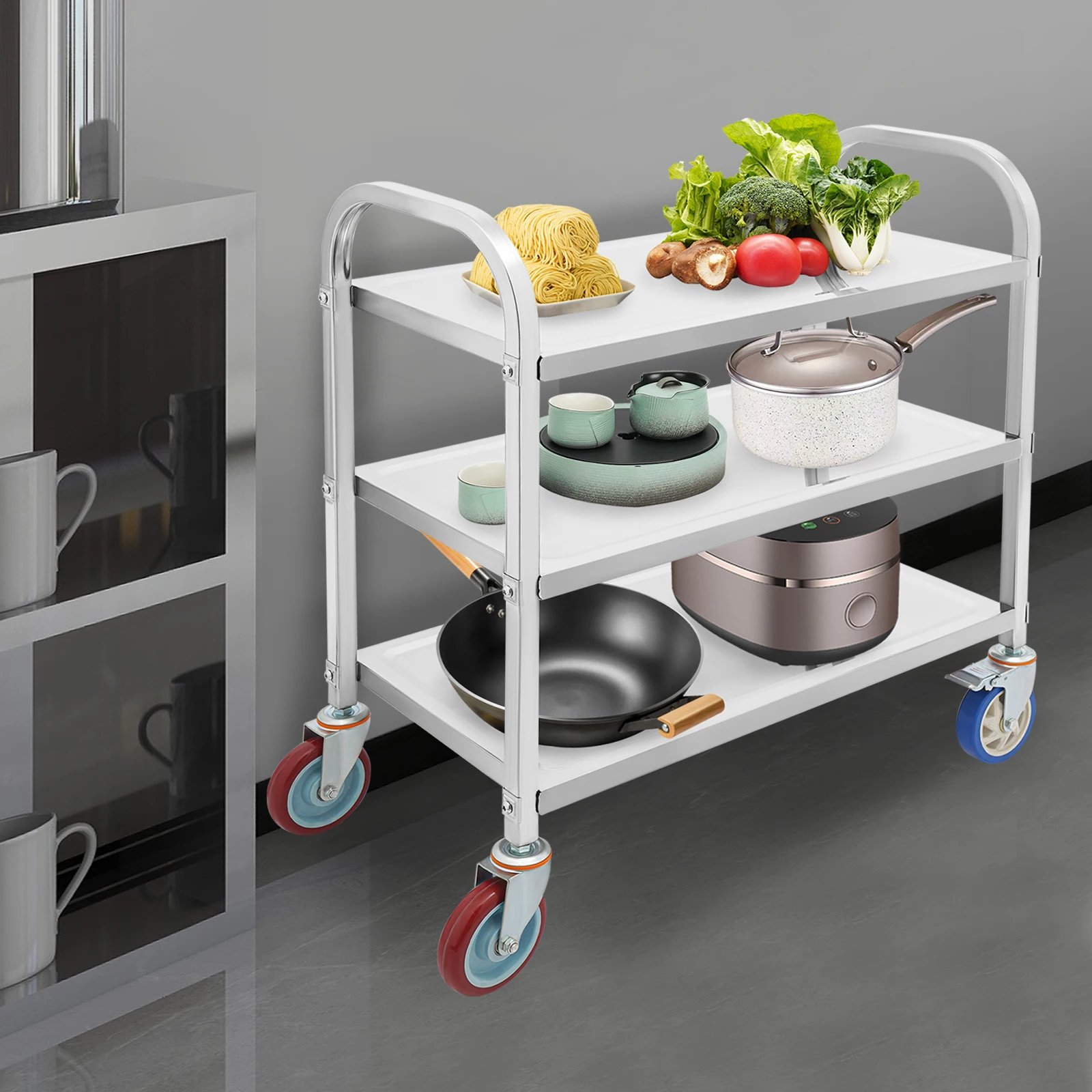 Stainless Steel Kitchen Cart, 3-Tier Mobile Workstation with Locking Wheels, 400LB Capacity for Restaurant/Home/Hotel/Café Use