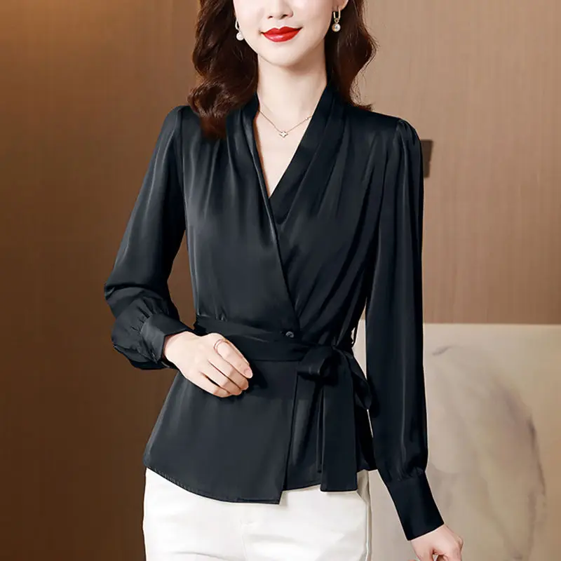 Female Clothing Commute Solid Color Shirt Spring Autumn Long Sleeve Slim Waist Elegant V-Neck Button Fashion Drawstring Blouse