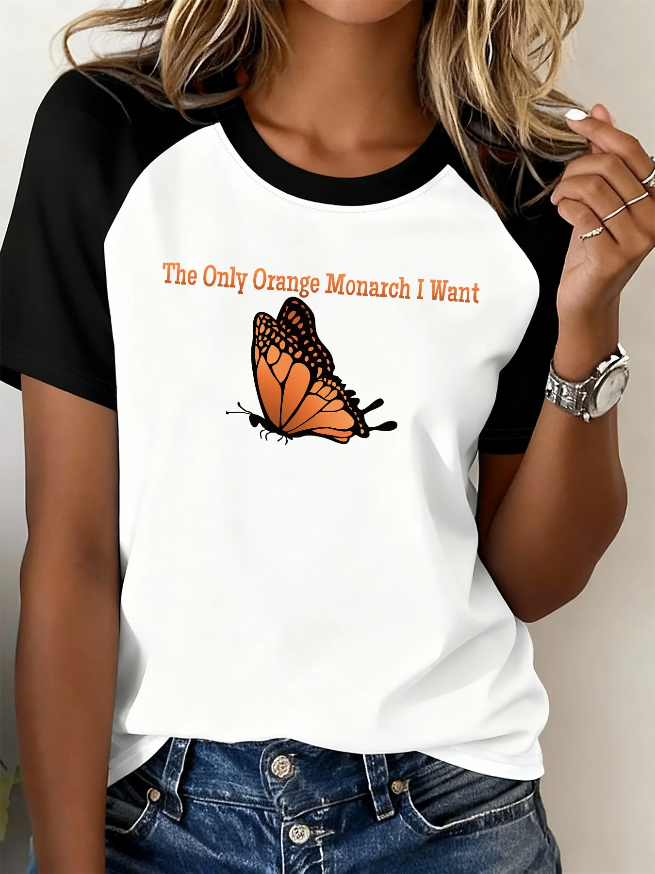 Black and White Two-Tone T-Shirt, Butterfly Print Raglan Sleeve T-Shirt, Casual Versatile Round Neck Short-Sleeve Top