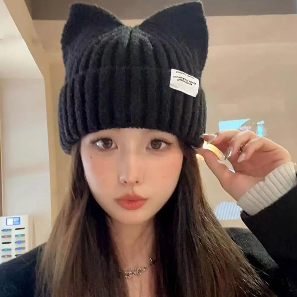 Nette Katze Ohren Mützen Für Frauen Herbst Winter Warme Ohr Schutz Süße Pullover Gestrickte Hüte Kpop Stil Straße Einfache Hut