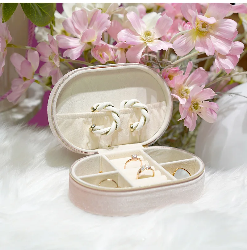 Oval Flannel Jewelry Organizer Box for Travel Earrings Necklace Ring Wedding Gift Storage Portable PU Leather Jewelry Box Joyero