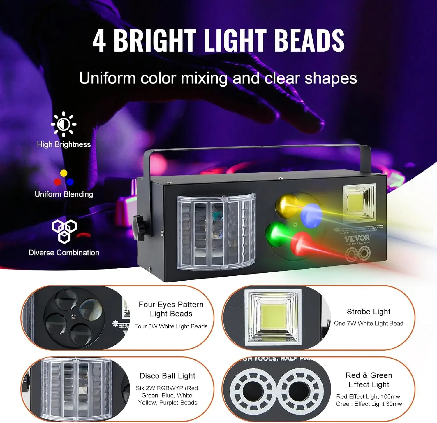 Stage Lights, 4 in 1 RGB Party Lights, LED Pattern Strobe Light, Mixed Lighting Effects Sound Activated with Red & Green Effect