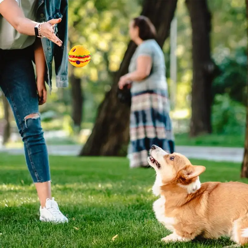 Squeaky Dog Ball PVC Teether Hamburger Squeaky Balls For Dogs Bite Resistant Interactive Ball Toys Bright Colors For Pets Cats