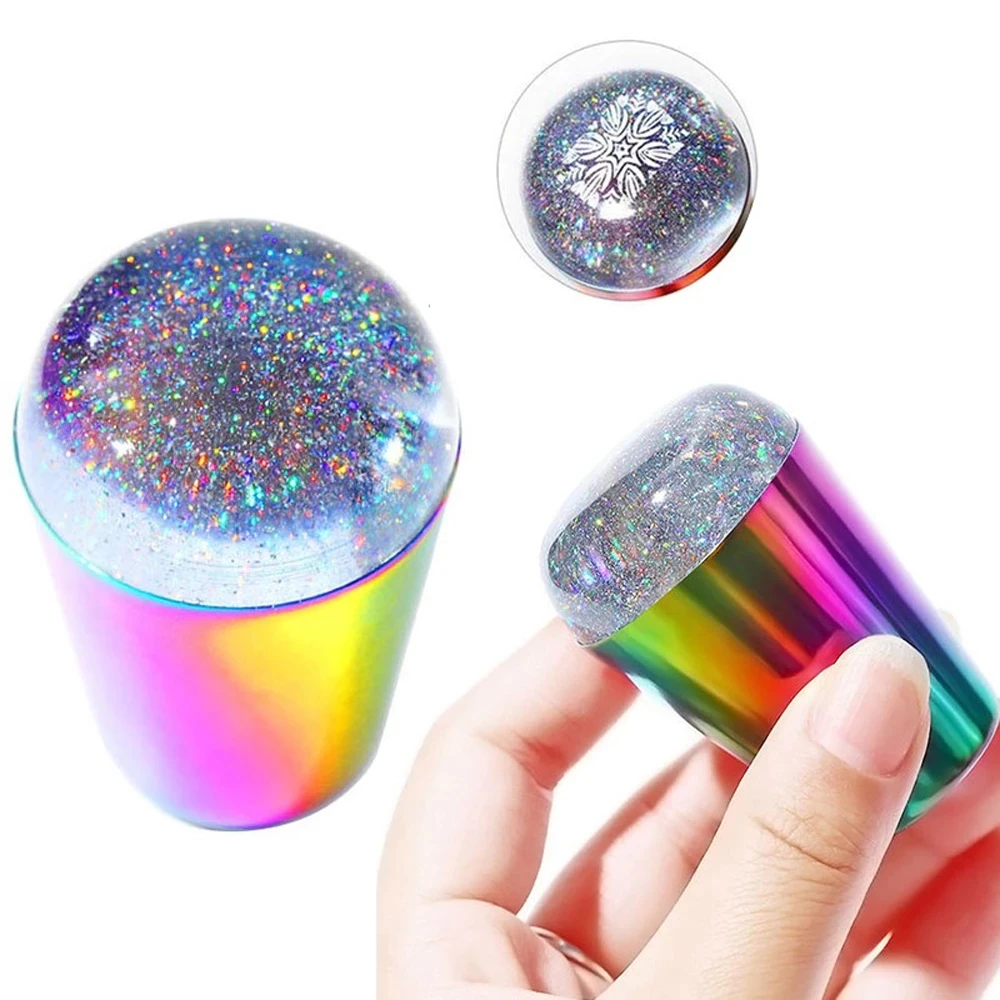 1PC Rainbow Laser Nail Stamper Met Schraper Ronde Jelly Transfer Schilderen Stamper Legering Handvat Nagellak Print Manicure Gereedschap