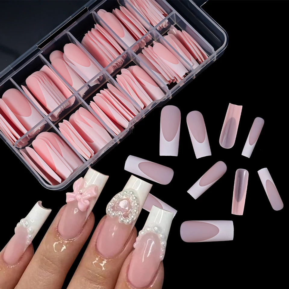 120 Piezas/Caja Uñas Postizas Mate Rosa Nude Francesas 12 Tallas Cuadradas Extra Largas Cobertura Completa Gel Suave para Extensión