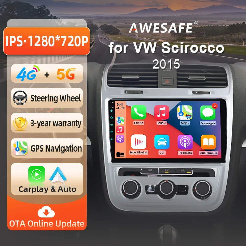 Autoradio Android AWESAFE 9 pouces pour VW Scirocco Type 13 2015 2016-2018, compatible avec climatisation automatique, CarPlay sans fil et Android Auto, navigation GPS, support multimédia, commande au volant, amplificateur de subwoofer, caméra de recul, avec CAN-BUS, EU Plug and Play, DAB+, autoradio numérique RDS