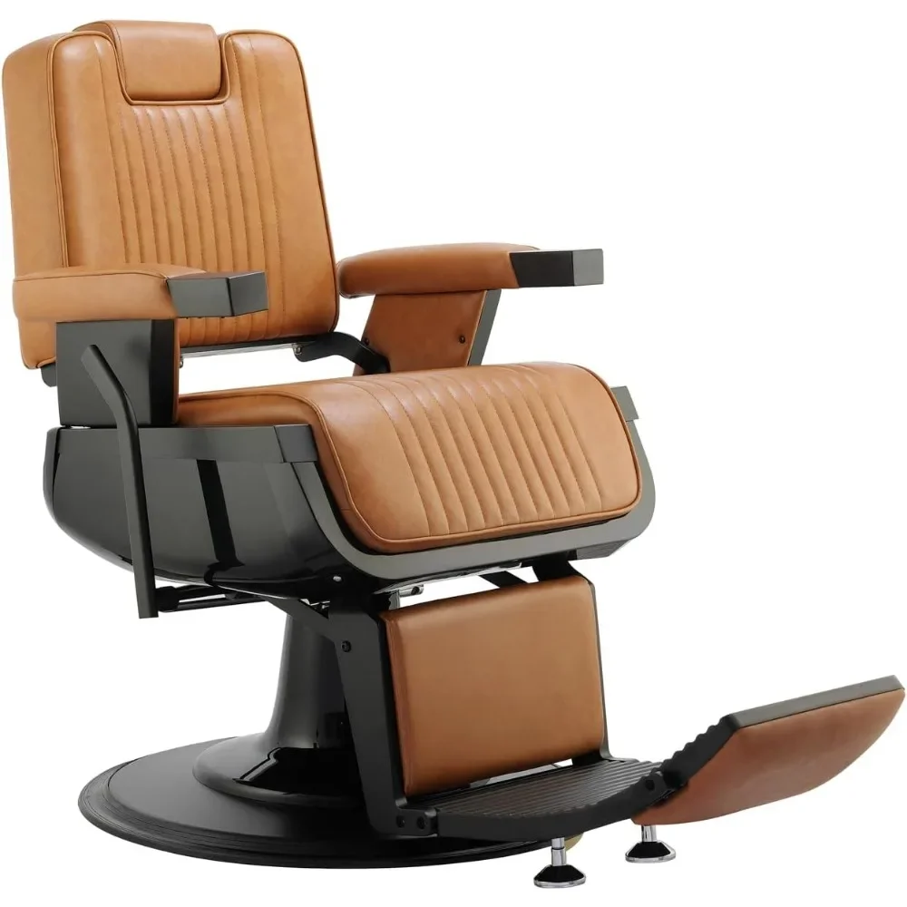 

Heavy Duty Barber Chair Reclining Seat, Hydraulic Barber Chair for Barber Shop Hair Salon, Black Frame Camel Leather