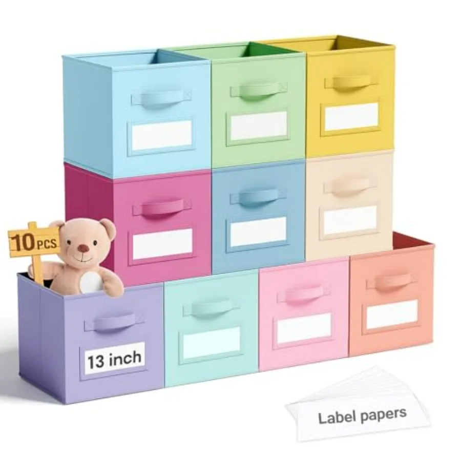

Набор из 10 тканевых коробок для хранения с этикетками, 13 дюймов, складные органайзеры-корзины с окошками для полок, детской комнаты, одежды