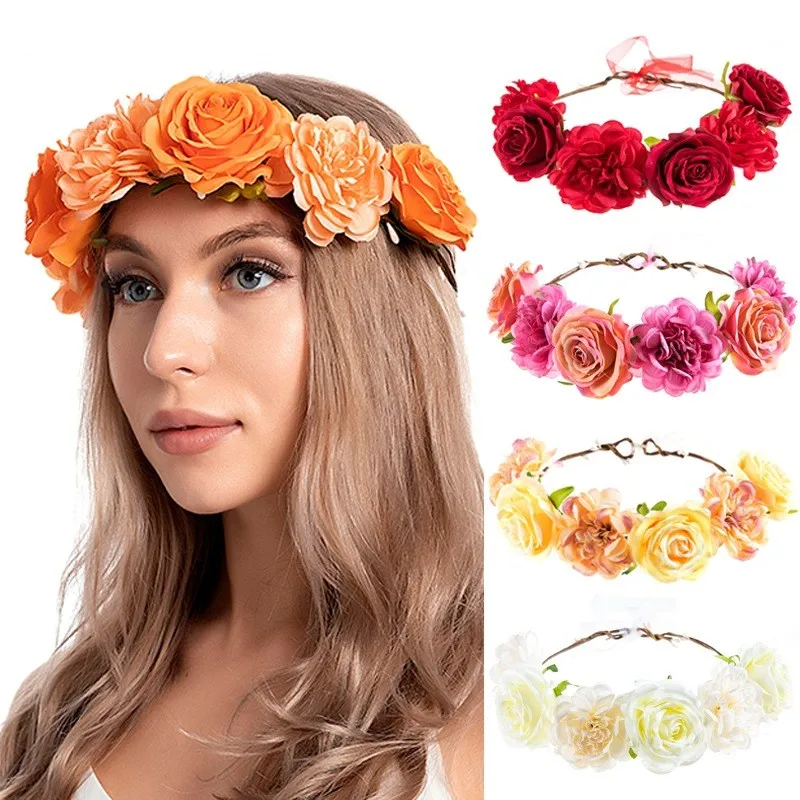 Wedding Garland Lily Flower Crown Spring Summer Women Bride Bridesmaid White Floral Headband Bohemian Beach Stretchy Headwear