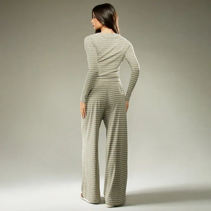 Autumn Striped Single-breasted Long-sleeved Drawstring Long Pants Two-piece Set American Style Casual Versatile Women's Clothing