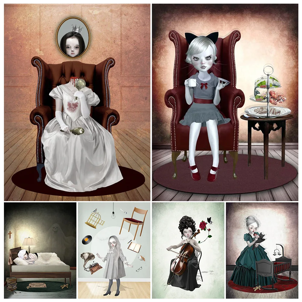 

Creepy Cute Macabre Art Poster And Print,Home Decor,Voodoo Doll And Headless Lady,Wall Art,Gothic Girl Canvas Painting Unframed