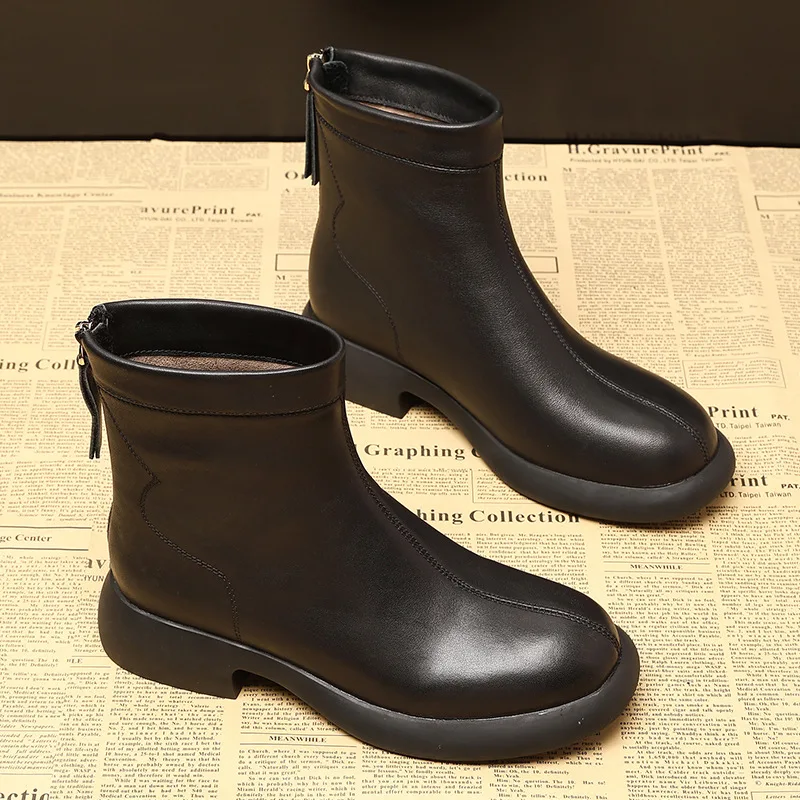 

Women's Boots 2025 Autumn New Style Head layer Cowhide Versatile Winter Plus Velvet Coarse Heel Short Boots