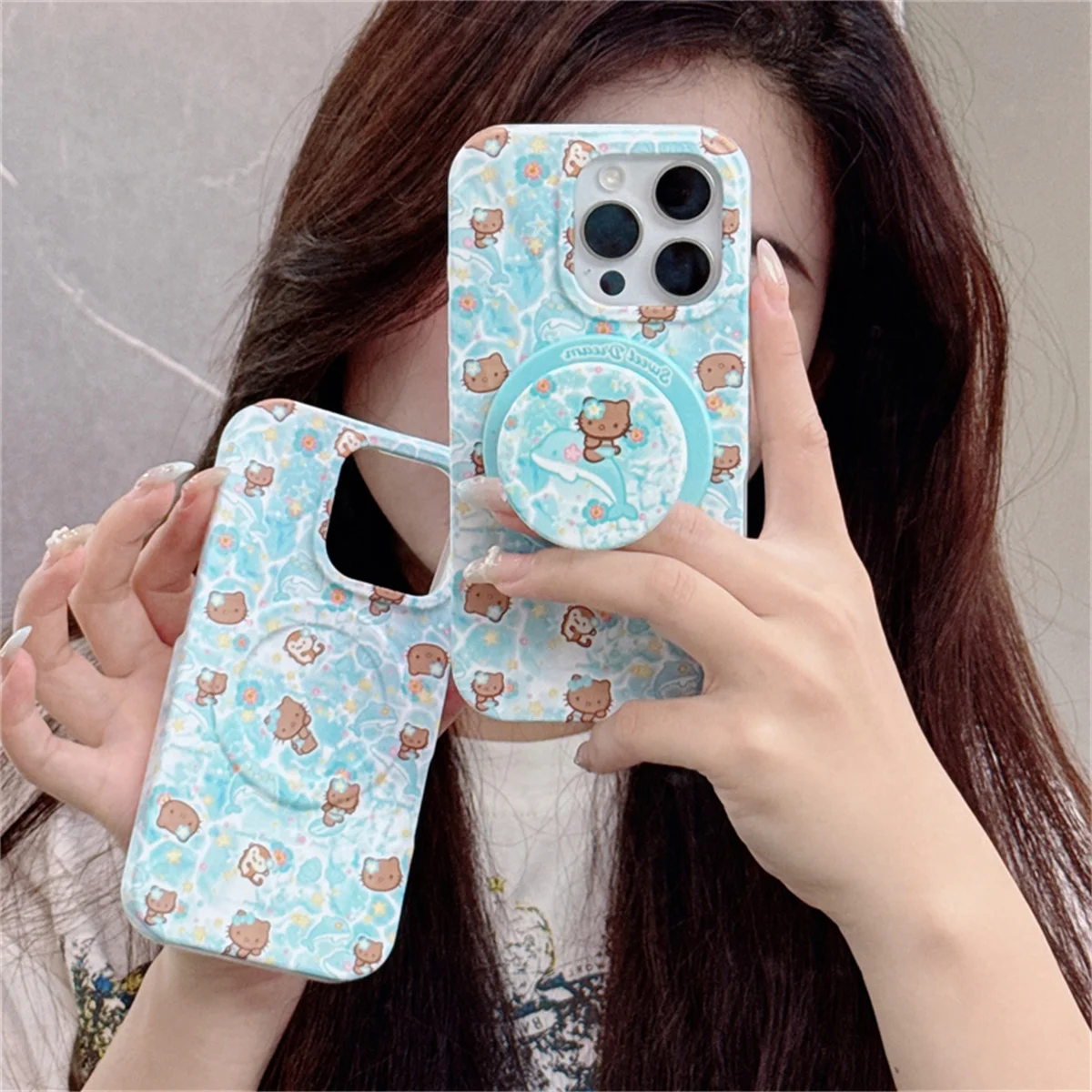 

Kawaii Cartoon Dolphin Hello Kitty Magnetic Phone Case For iPhone 16 Pro 15 14 Pro Max Cover with Stand For Magsafe Cases