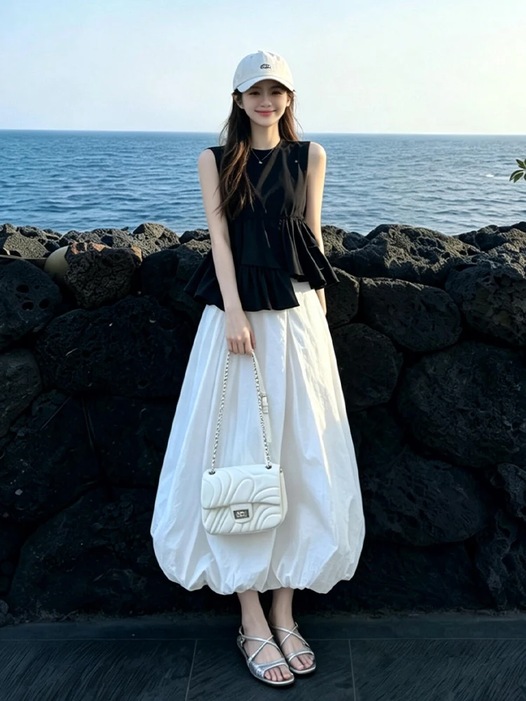 

Summer New Black Irregular Top And Flower Skirt Set Korean Style Small Fragrance Wind High Waist Long Skirt Comfortable Fashi...