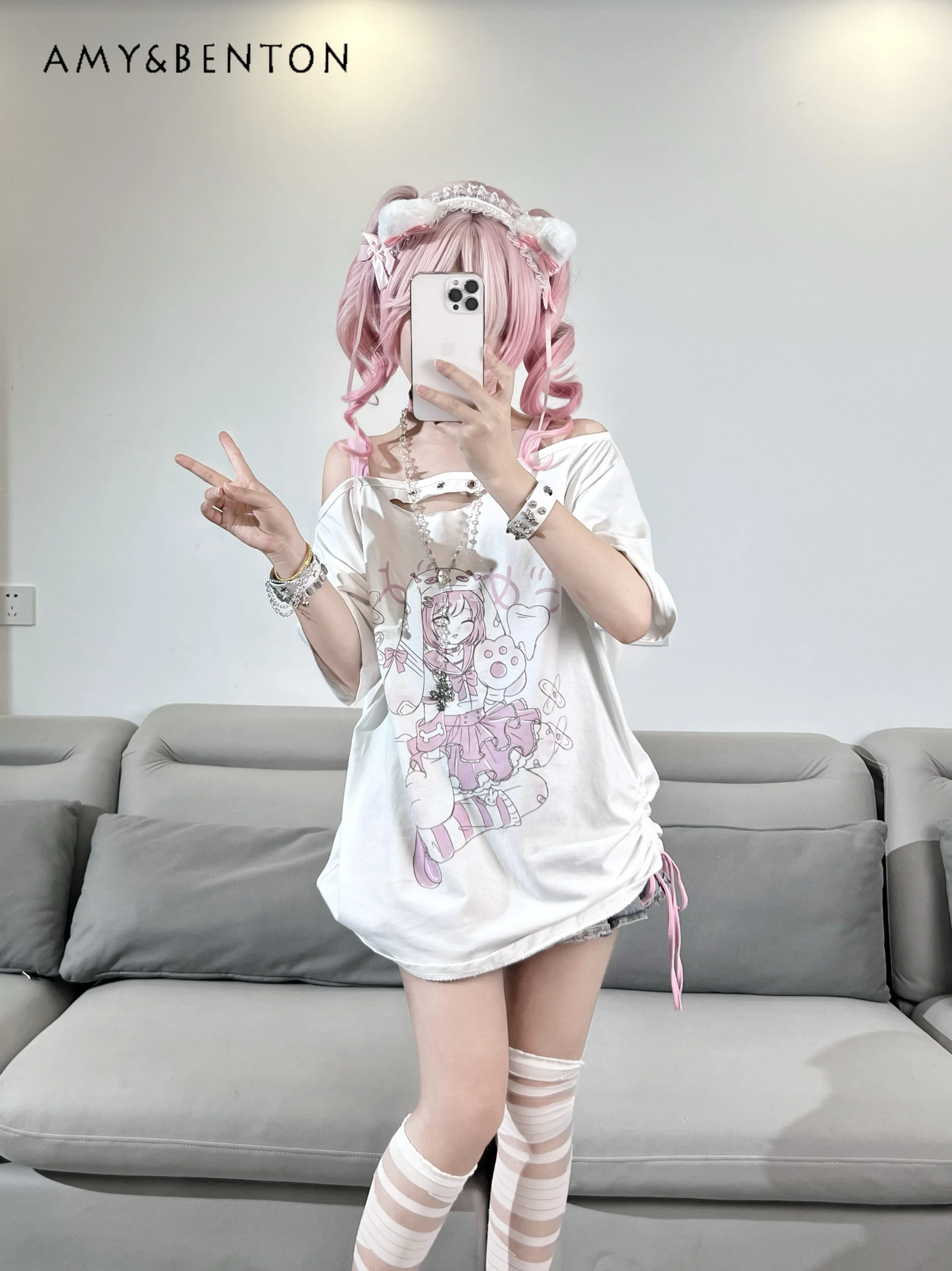 Subculture Kawaii Anime Print T-Shirt con spalle scoperte estate New Harajuku Gothic Sweet T-Shirt oversize bidimensionale Y2k Top