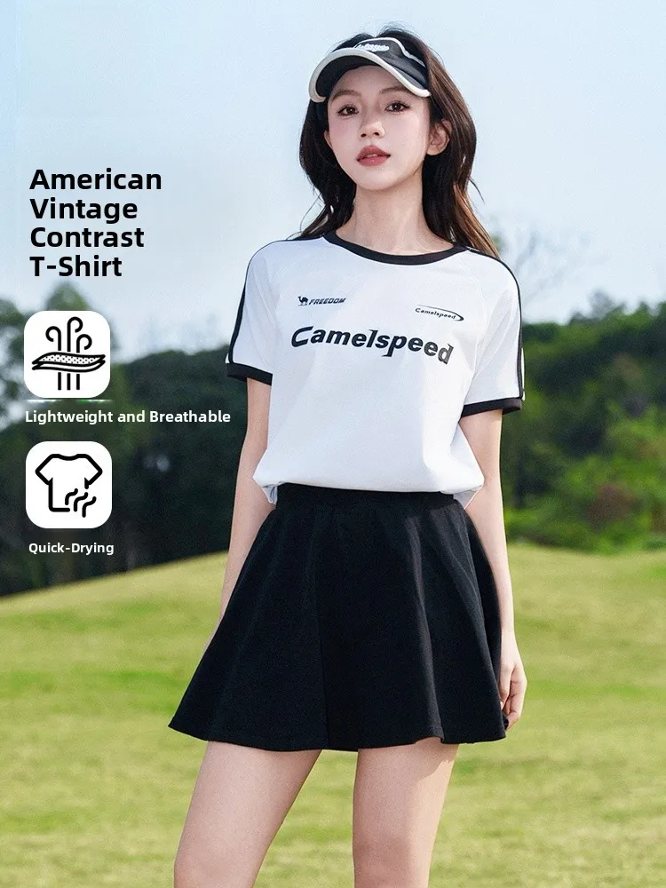

Женская футболка Camel с коротким рукавом, в стиле колор-блок, из хлопка, быстросохнущая, в университетском стиле, дышащая, с круглым вырезом, с принтом, для повседневной носки