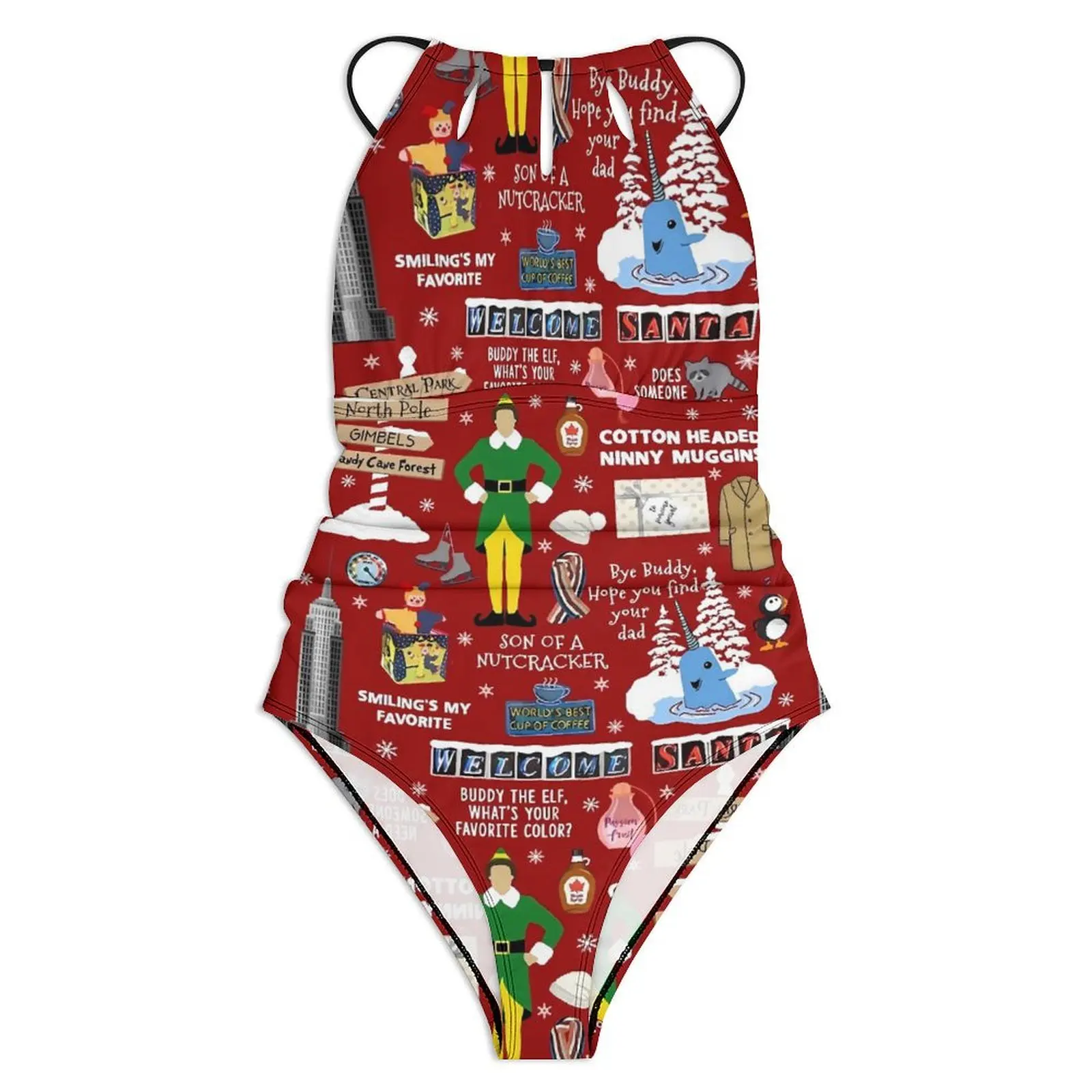 Christmas Swimsuit Sexy Buddy The Elf Collage Women Swimwear One Piece Vintage Bodysuit Vacation Bath Push Up High Cut Monokini