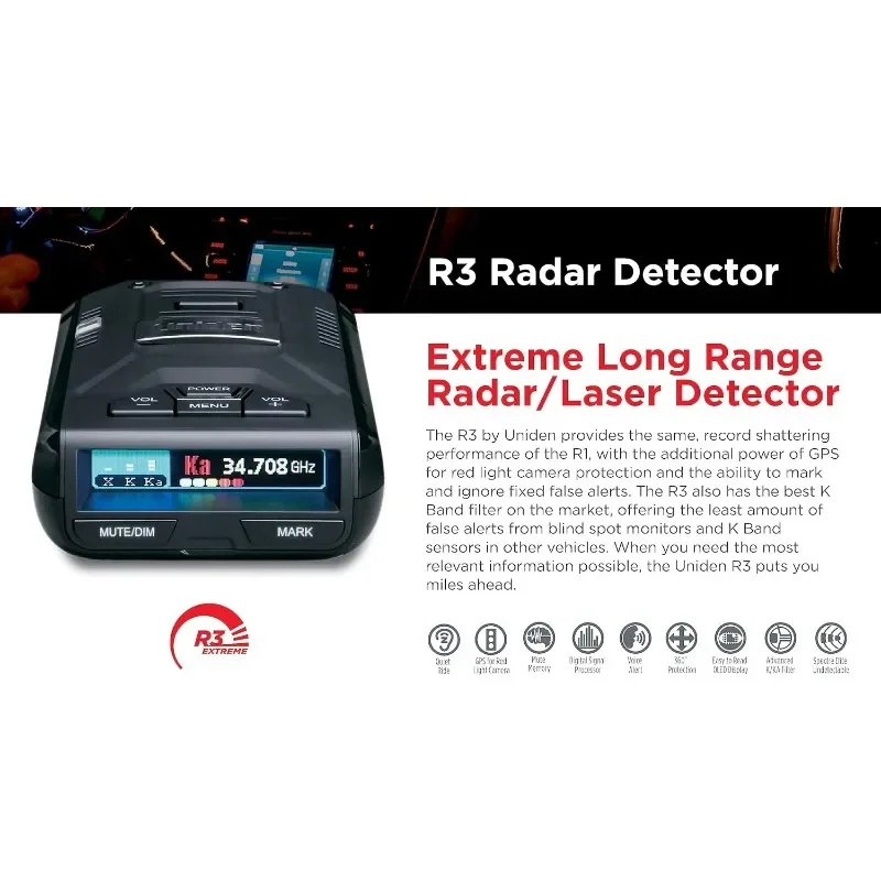 Detector láser/Radar Uniden R3 de largo alcance, rendimiento que rompe registros, GPS integrado (con memoria silenciosa), alerta de voz