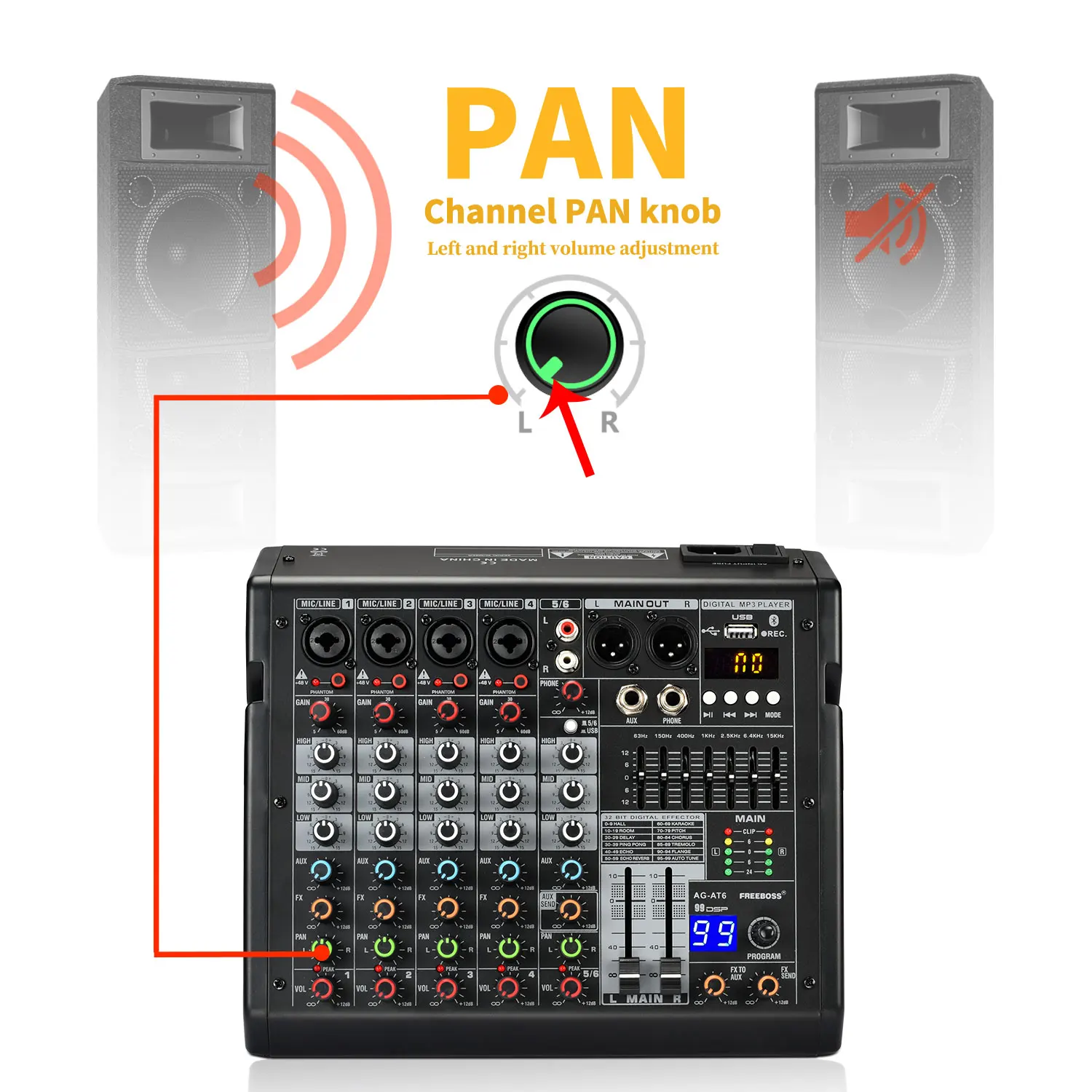 FREEBOSS 6 Channel 99 DSP Audio Mixer LED screen 48V Phantom Power Bluetooth 5.0 Play for House Party Mixing Console AG-AT6