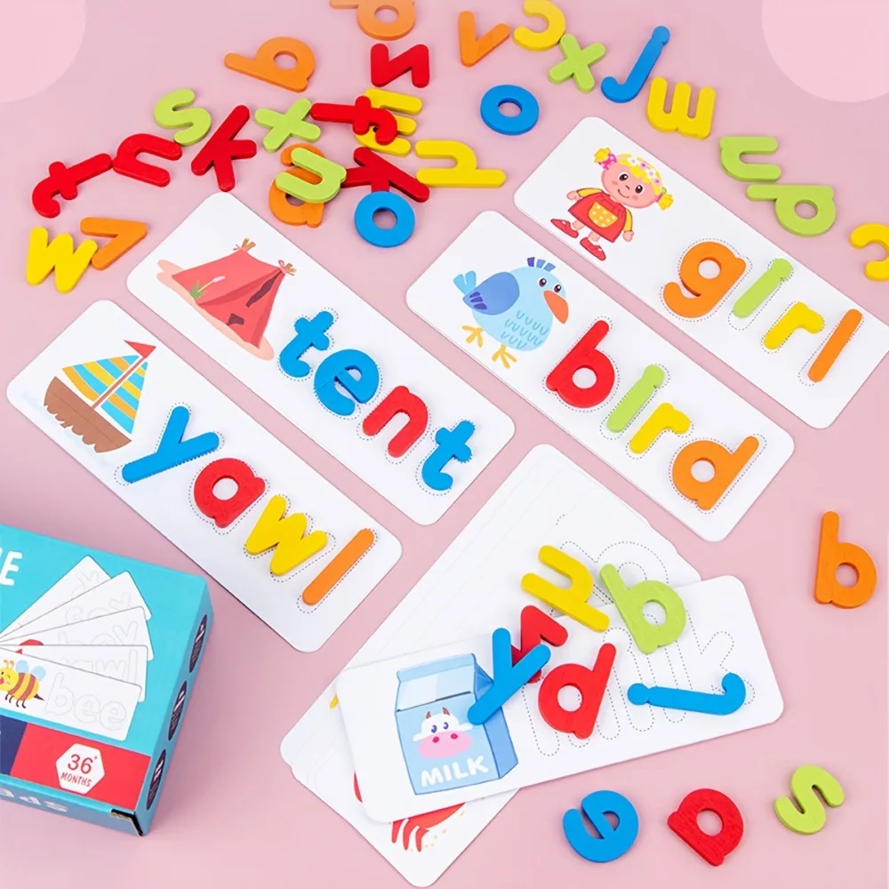 Wooden Puzzle Wood Spelling Words Game Cartoon Alphabet Kids Wooden Puzzle Toy Colorful Cute Matching Letter Games Toy