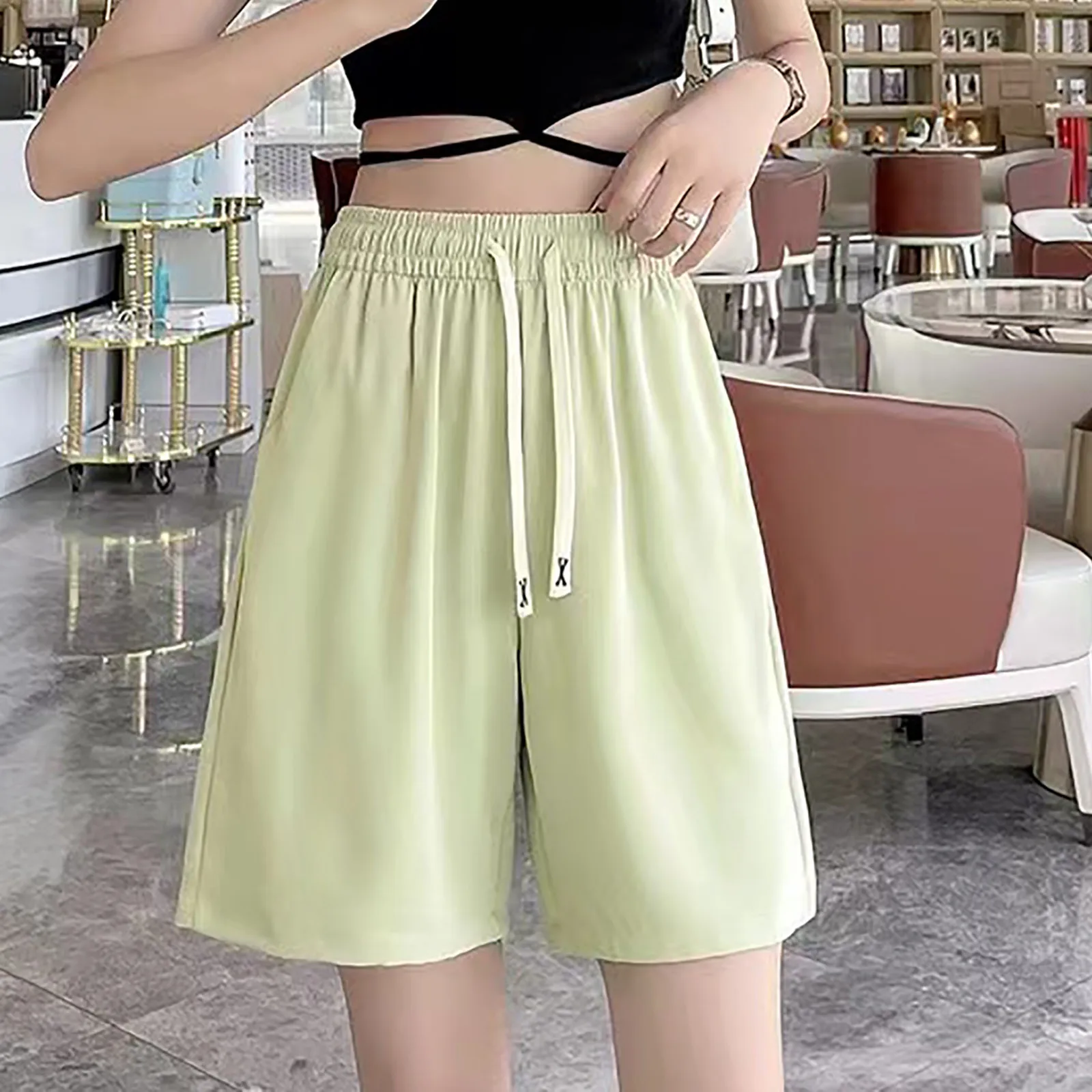 Women Summer Loose Fit Shorts Drawstring Wide Leg Five-Pointed Pants Casual Joggers Solid Color Streetwear Shorts