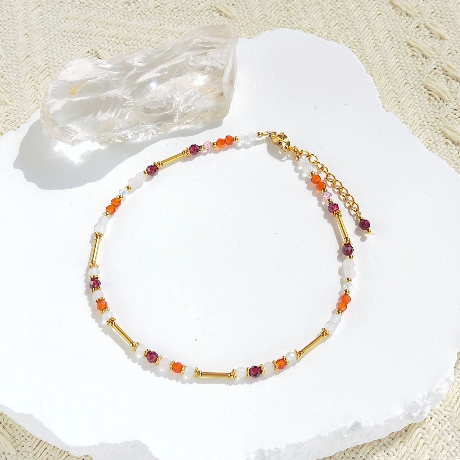 

Lii Ji Rose Quartz Garnet Carnelian Moonstone Clear Quartz 3MM Beads Anklet Handmade Bohe Fashion Jewelry For Female