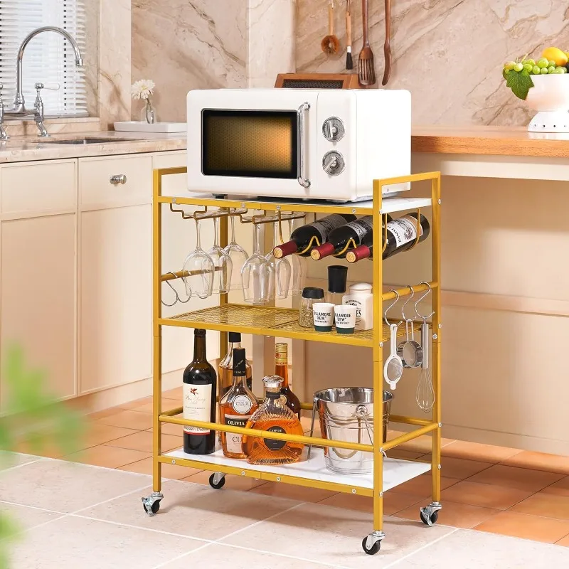 Bar Cart with Wheels, Bar Carts for The Home, 3-Tier Rolling Kitchen Cart with Wine Rack and Glass Holder