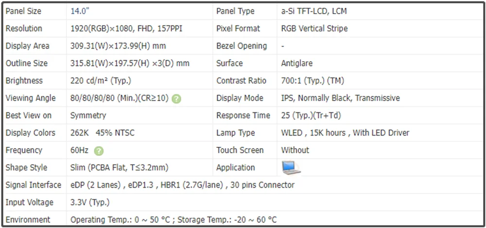 LP140WF8-SPR9 LP140WF8 SPR9 14 inch LCD Screen IPS Panel Slim FHD 1920x1080 EDP 30pins 60Hz Non-touch Antiglare 45% NTSC