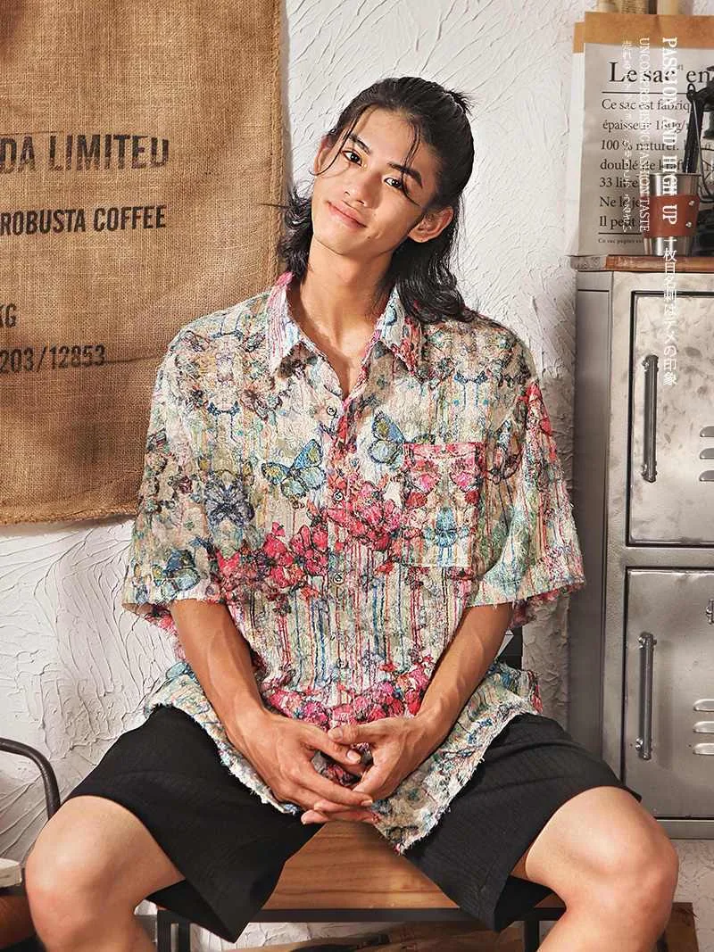 Men Japanese Tassel Butterfly Trendy Shirts Tops Male Ethnic Design Graffiti Blouse Gentlemen Senior Luxury Elegant Banquet Tops