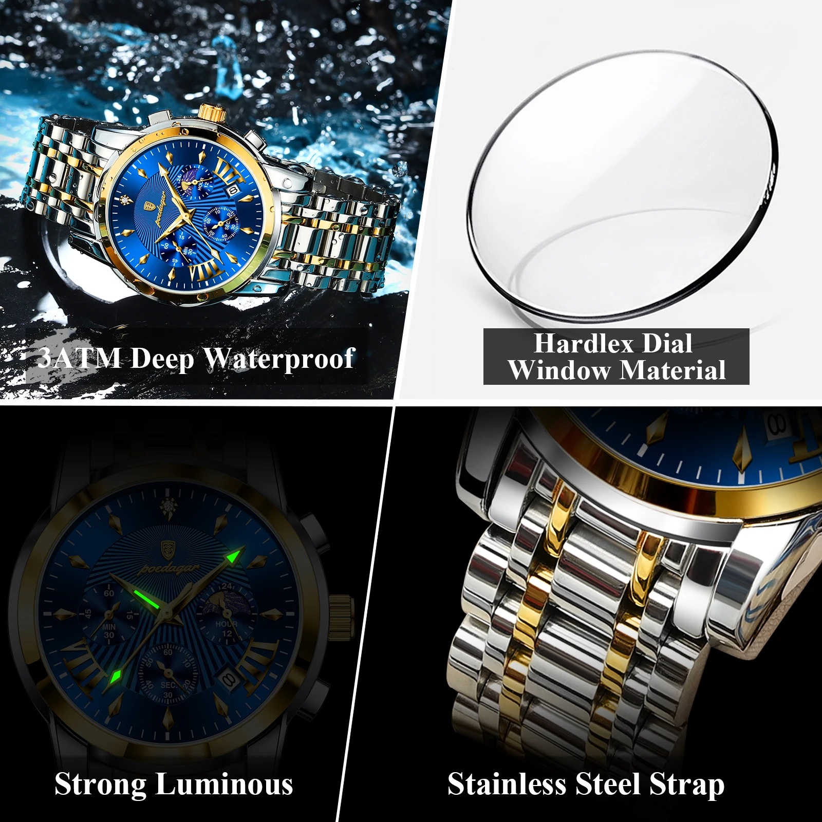 POEDAGAR Luxury Fashion Men Watch Waterproof Luminous Date Chronograph Man Watches Military Stainless Steel Men\'s Quartz Watches