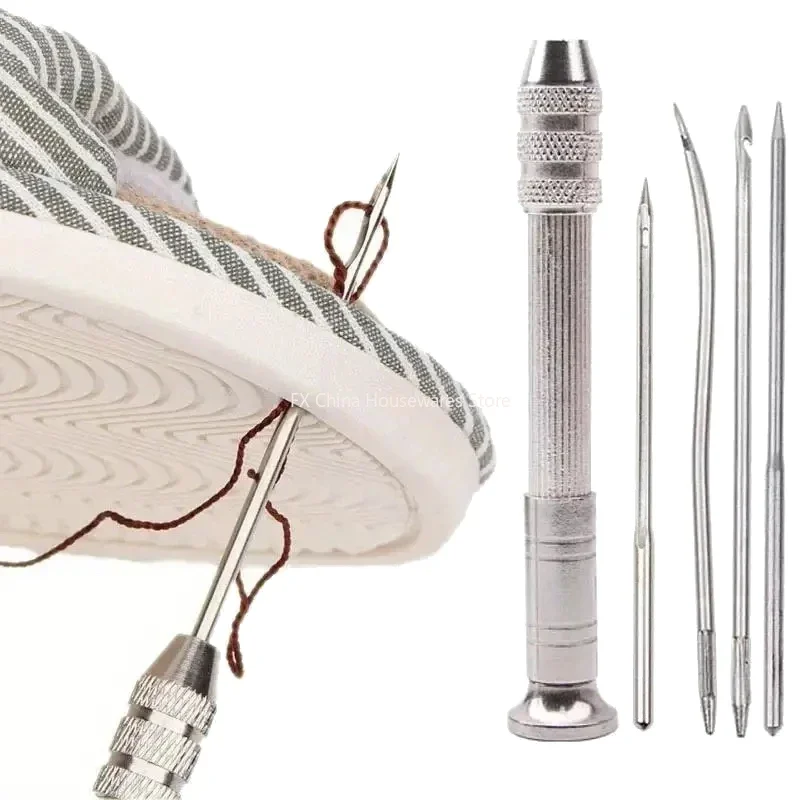 Leather Sewing Awl Kit - 4Pcs Replaceable Needles, DIY Shoe Repair & Canvas Tent Stitching Tool  Silver Leather Sewing Awl